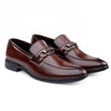 Pair of brown loafers with a gold buckle on a white background