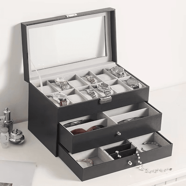 12 Slot Faux Leather Lockable Watch Organizer Box, 3-Tier Jewelry & Sunglasses Display Case - SunglassesMart