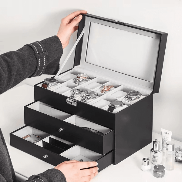 12 Slot Faux Leather Lockable Watch Organizer Box, 3-Tier Jewelry & Sunglasses Display Case - SunglassesMart