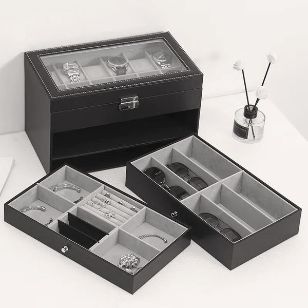 12 Slot Faux Leather Lockable Watch Organizer Box, 3-Tier Jewelry & Sunglasses Display Case - SunglassesMart