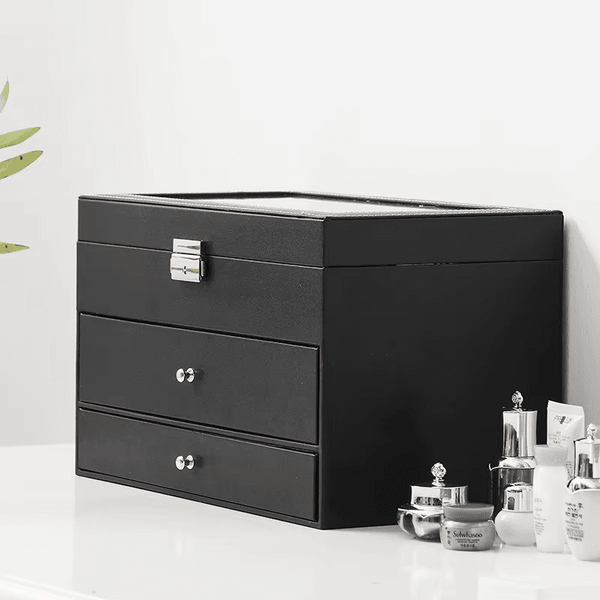 12 Slot Faux Leather Lockable Watch Organizer Box, 3-Tier Jewelry & Sunglasses Display Case - SunglassesMart