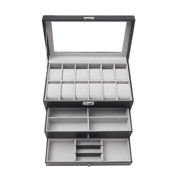 12 Slot Faux Leather Lockable Watch Organizer Box, 3-Tier Jewelry & Sunglasses Display Case - SunglassesMart